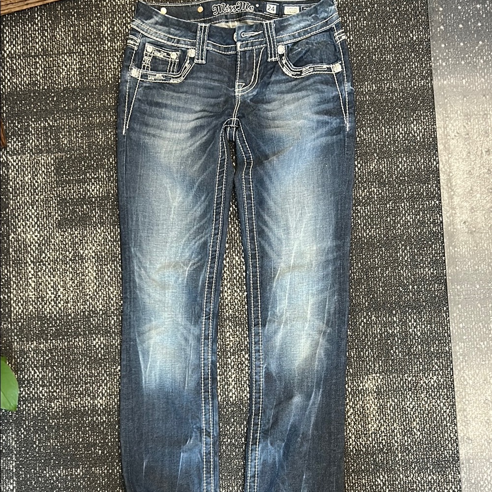 Miss Me Dark Blue Denim Jeans with White Stitching 30” inseam Sz 24  7” rise